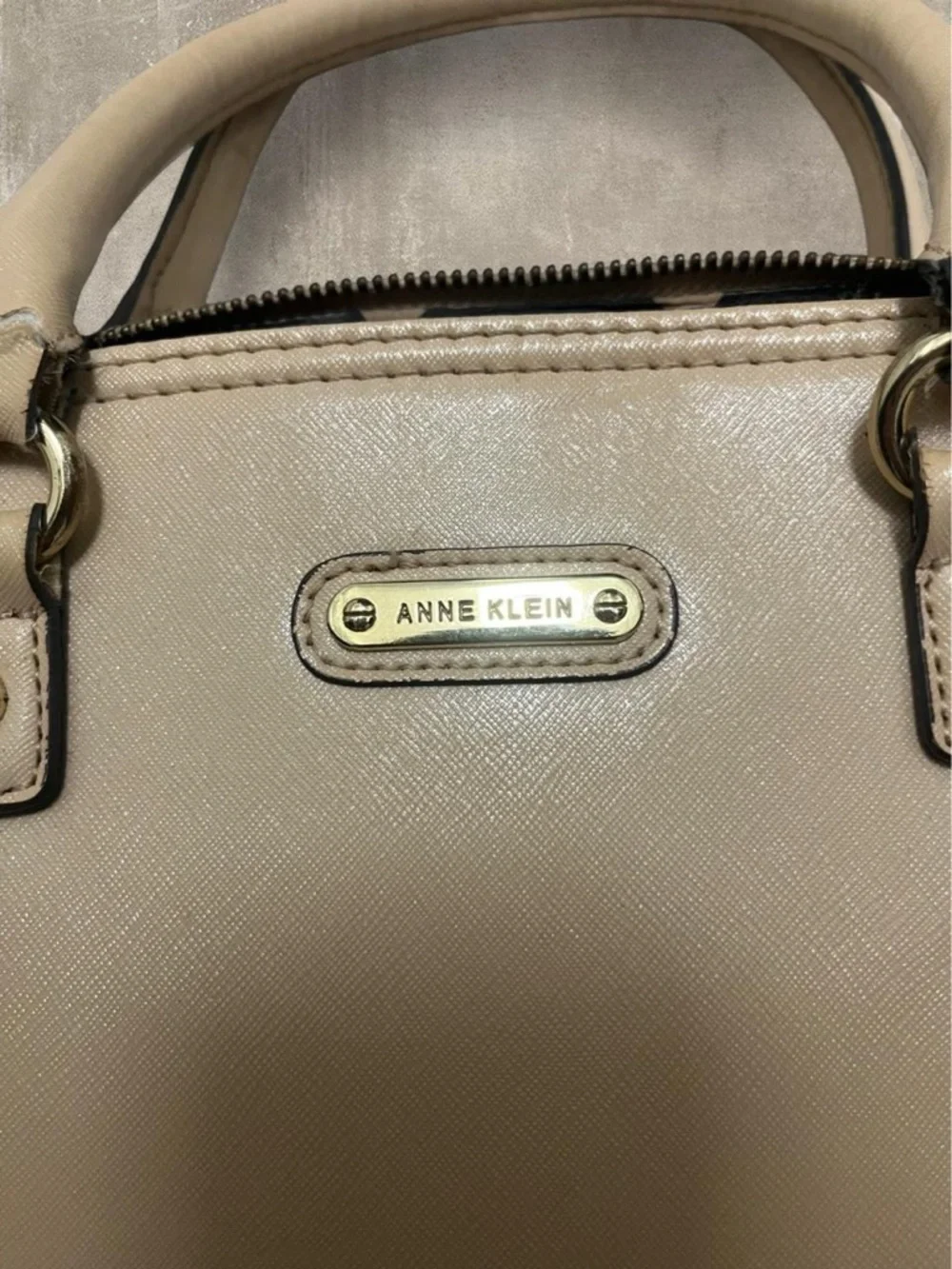 Anne Klein Structured Dome Satchel Beige Faux Leather Top Handle Bag